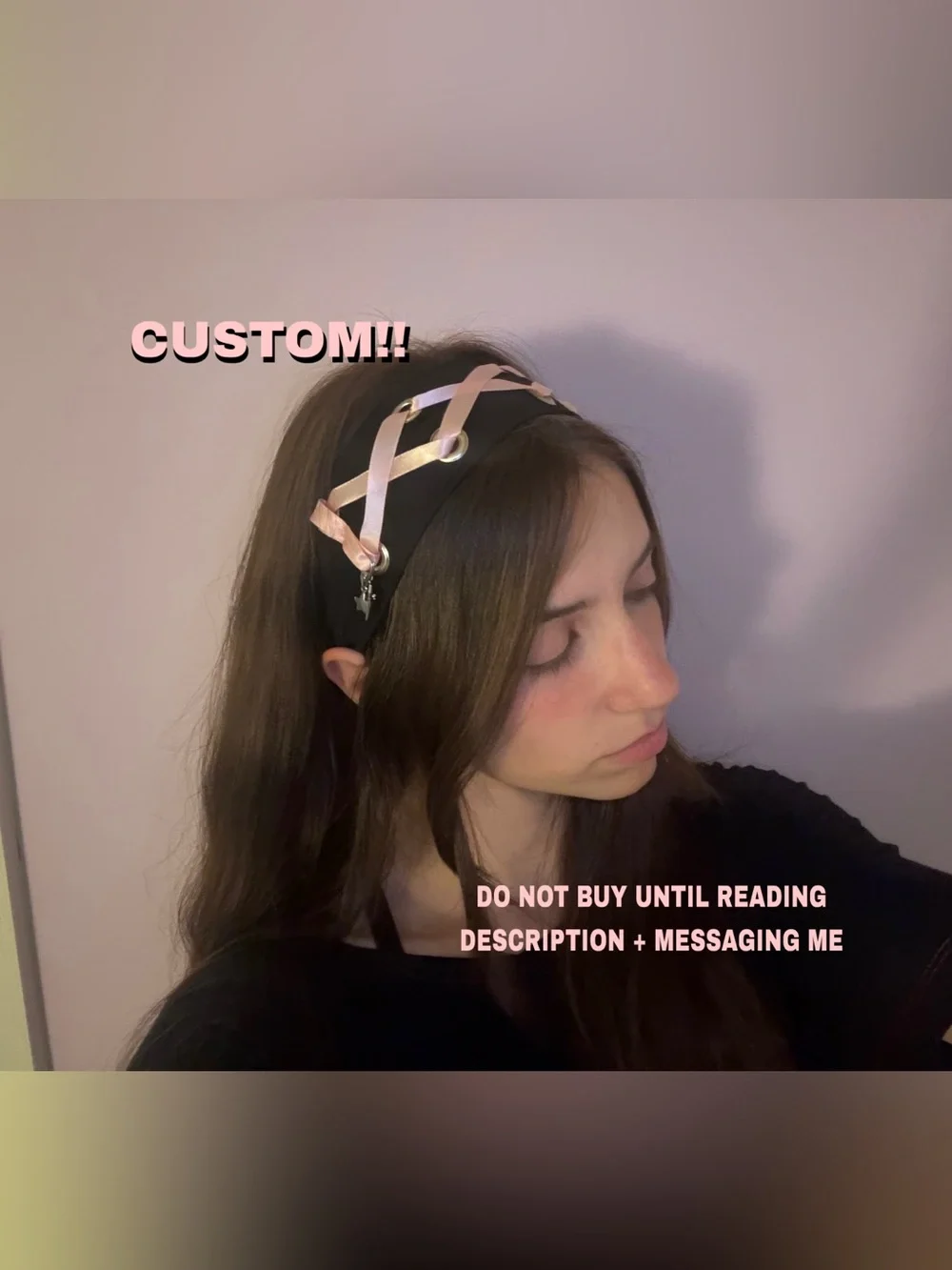 Black Headband with Pink Ribbon Lacing + Grommet Detail